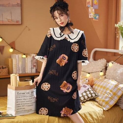 "M-4XL" Womens Homedress Knee-Length Nightdress Plus Size Nightgowns Girls Sleepwear Cotton Sleepshirts Loose Home Clothing