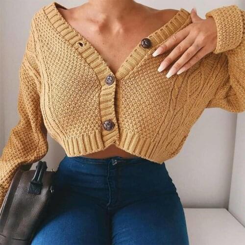 Women Autumn Twist Knitted Short Jacket Loose Cropped Sweater Buttons Cardigan
