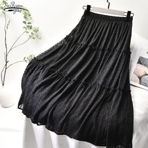 Summer 2021 Women Long Skirts Chiffon A Elegant Line Solid Office Elastic Skirt High Waisted Maxi White Skirts 9937