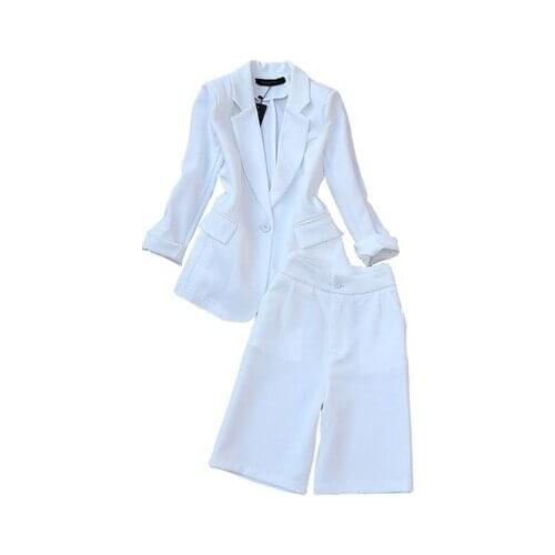 Fashion Pink white Sets female summer New high-quality Long sleeve suit coat + high waist five-point pants two-piece suit women