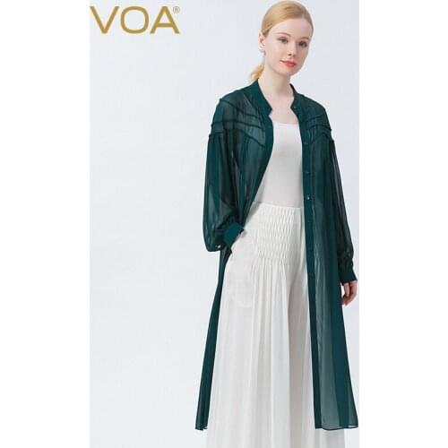 VOA 100% mulberry silk Georgette Collar Hole Green Single Row Multi-button Joker Goes Out To Wear Thin Trench Women Coats WE115