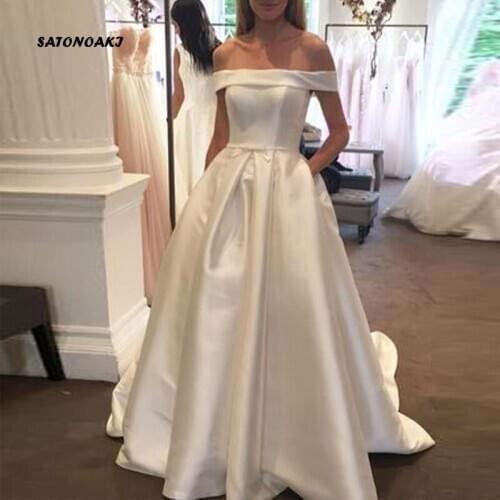 Simple A-Line White Wedding Dress 2020 Short Sleeves Bridal Gown Satin Long Garden Vestido De Novia Mariee Undefined Online Shop