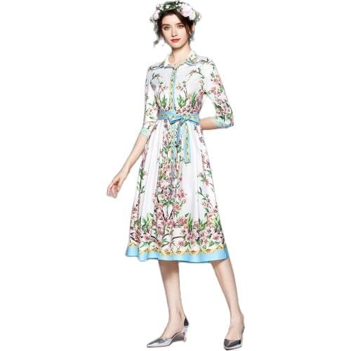 Women Floral Print Elegant Shirt Dress 2021 Summer Bow Sashes High Quality Fashion Designer Runway Midi Dress Vestidos N61890