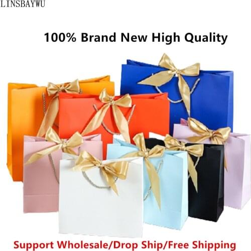 10pcs Gift Bag With Handles Present Paper Bag With Bow Ribbon Wedding Pack Box Favors Birthday Party Bags Clothes Packaging