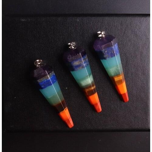 12PC High Quality 7 Chakra Layered Stones Necklace Pendant Pendulums Healing Balancing Dowsing Reiki Hexagon Bullet Pendants