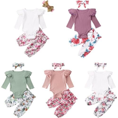 Cute 2020 Girl Clothes Newborn Baby Girls Ruffle Tops Knitted Bodysuit+ Floral Pants +Headband Outfits Clothes 3Pcs Set