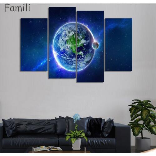 4pcs The Earth Map From the Space Canvas Painting 100% Handmade Modern Oil Painting On Canvas Wall Art Gift For Living Room