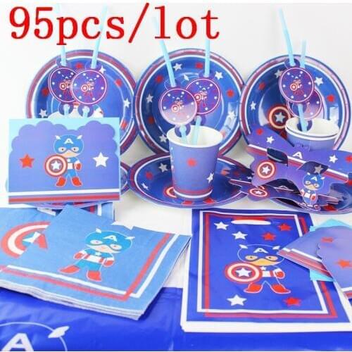 Party Supply Captain America 95Pcs Marvel Theme Cup Plate Banner Napkin Child Birthday Party Blowout Gift Bag Wedding Supply