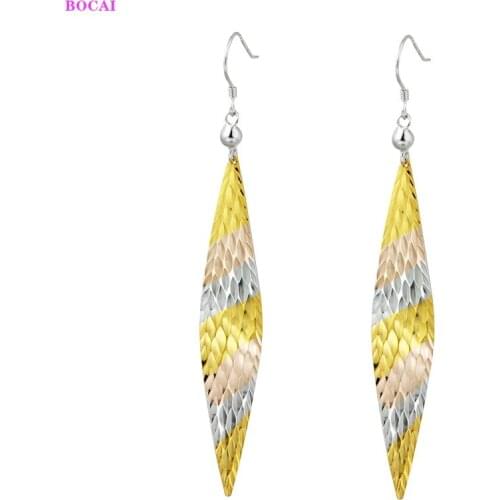 BOCAI 100% S925 Sterling Silver Ear Drop Fashion Rhombus Pattern Color Earrings Pure Argentum Jewelry Valentines Gift For Women