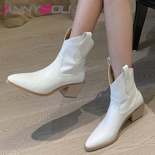 ANNYMOLI Genuine Leather Western Boots Winter Shoes Women High Chunky Heel Boot Pointed Toe Lady Short Boots Autumn Biege 2021