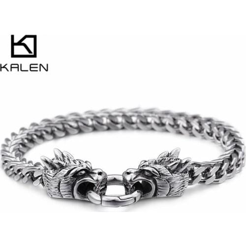 KALEN 22.5cm Domineering Animal Dragon Heads Charm Bracelets For Men Punk Stainless Steel 6mm Link Chain Wrap Bracelet Jewelry