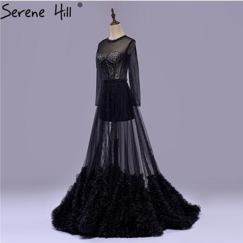 Black Long Sleeves Sequined Beading Evening Dresses Long Sexy Perspective Evening Party Dress 2020 Robe De Soiree Serene Hill