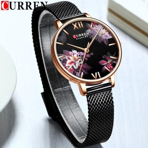CURREN Women Watch Top Brand Luxury Black Female Clock Mesh Stainless Steel Bracelet Flower Fashion Ladies Wristwatch 9060
