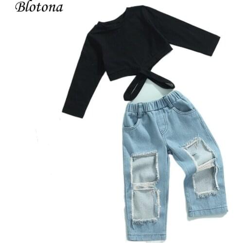 Blotona 2Pcs Kids Stylish Spring Fall Set, Girls Solid Color O-Neck Long Sleeve Hollow Out Tops+Elastic Waist Ripped Jeans, 2-7Y