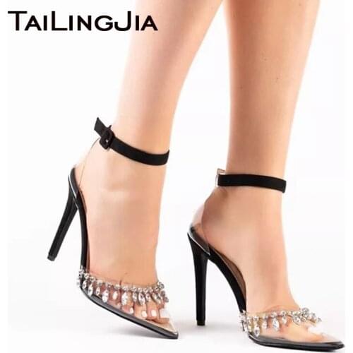 Elegant Transparent PVC Crystal High Heels Women Wedding Shoes Pointed toe Stiletto Heeled Ankle Strap Ladies Rhinestone Shoes