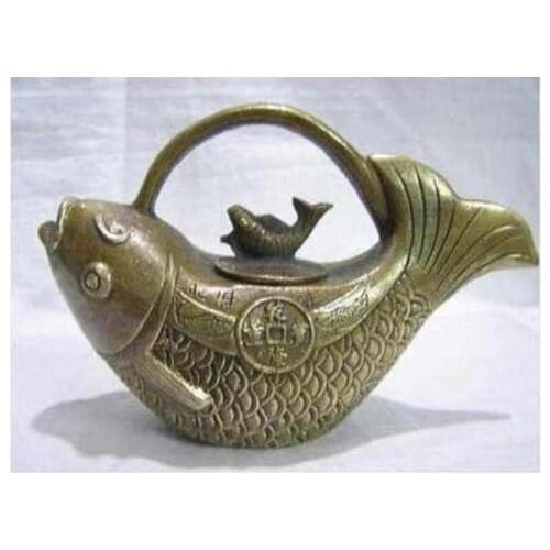 Chinese excellent tibet brass Hand carved fortune-fish Teapot