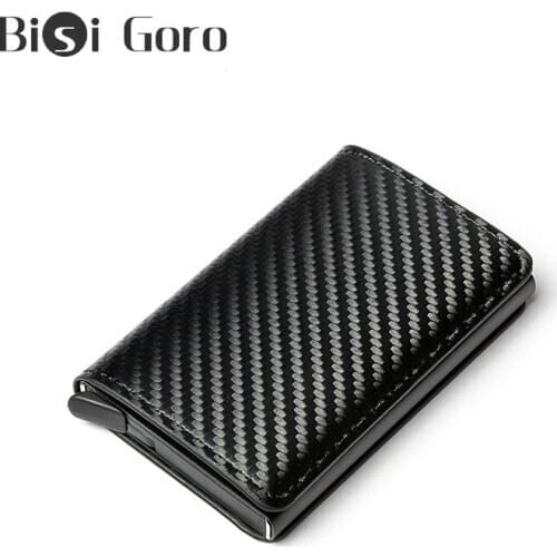 Bisi Goro Clutch Pop-up Smart Wallet Cardbon Fiber 2020 RFID Metal Card Holder Leather Aluminum Box Slim Thin Wallet New