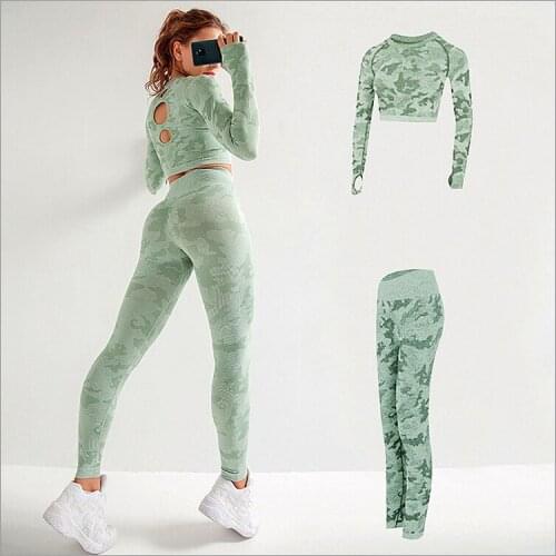 INFILAR 2PCS Yoga Set Gym Clothing Sets Seamless High Wais Leggings +Long Sleeve Crop Tops Sports Suits Fitness Women Tracksuit