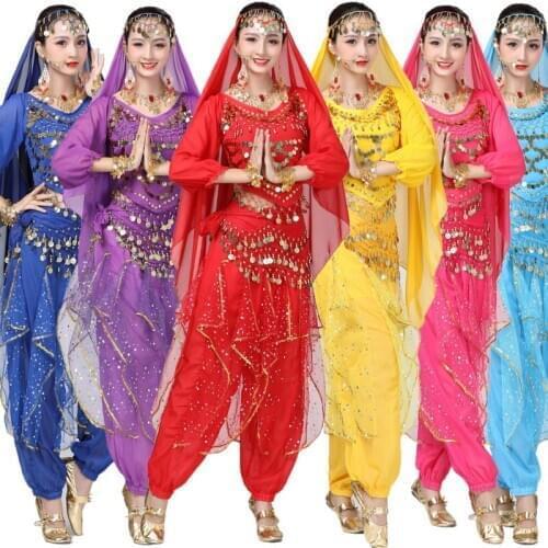 Belly Dance Costume Sets Bollywood Oriental Belly Dancing Skirt Adult Women 4 Piece Set Top Skirt+Pants+Head Scraf+Waist Chain