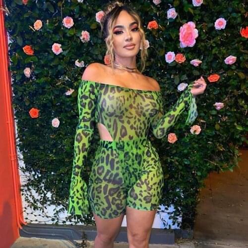 Leopard Print Sexy Vacation Outfits Women Beach Sheer Mesh Club Sexy Matching Sets Flare Sleeve Top and Biker Shorts 2 Piece Set