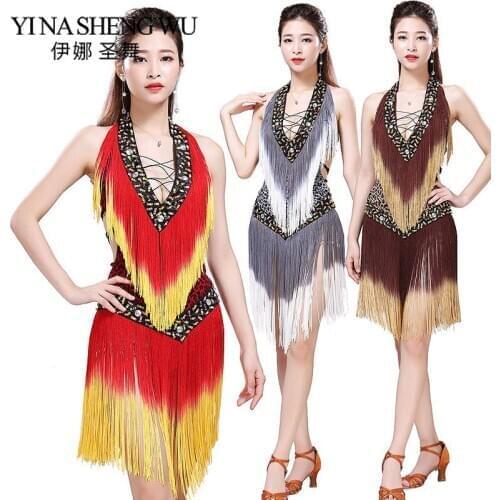 New ballroom dance dress Latin samba dress womens sexy leopard salsa sequin dress tassel Latin lace dress 3 colors
