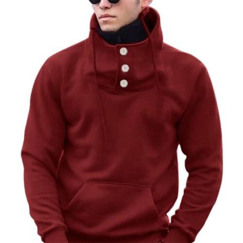 Solid Color Men Pullover Long Sleeve Autumn Winter Turtleneck Buttons Casual Sweatshirt Streetwear