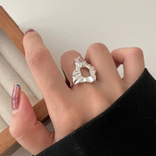 Authentic 925 Sterling Silver Jewelry Square CZ & Hollow Irregular dysmorphism ring C-J1659
