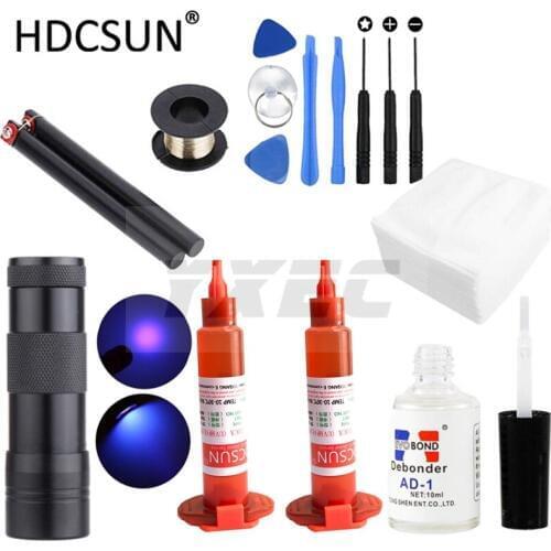 15 in1 LOCA tp-2500 UV Glue 5ml +9led UV curing light+Uv Glue Remover 20g +Cutting Wire 100m+clothes For LCD Touch Screen Repair