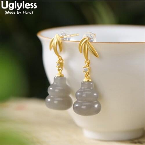 Uglyless Natural Grey Lavender Jade Earrings for Women Bamboo Leaves Earrings Ethnic Gourd Brincos Gemstones Jewelry 925 Silver