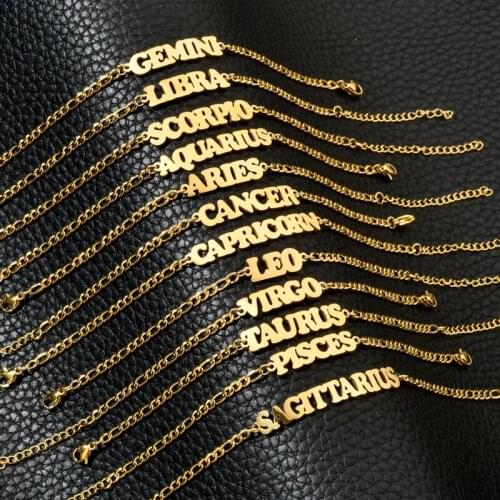 Vintage Jewelry 12 Zodiac Sign Letter Figaro Chain Bracelet Horoscope Charms Constellation Pulseras Gold Chain Aquarius Aries