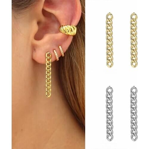 DAIWUJAN Vintage Gold Color Thick Chain Long Tassel Drop Earrings for Women Hipster Minimalist 925 Silver Earrings Punk Jewelry