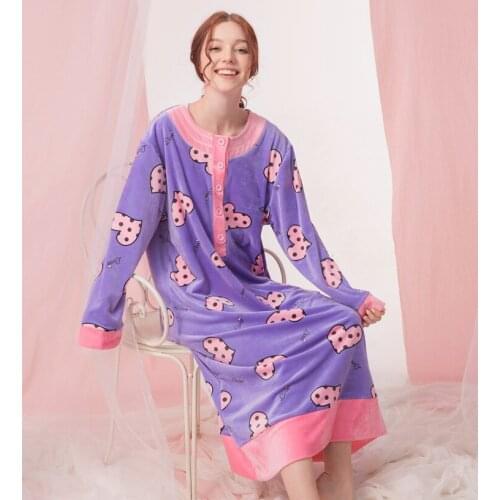 Autumn Winter LadyS Long Sleeve Double Side Fine Velvet Korea Velvet Does Not Drop Casual Long Sleepwear Nightgown Home Dress