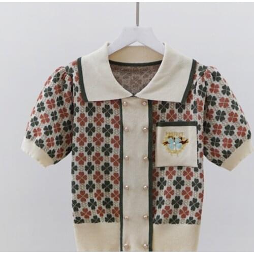 Four Leaf Clover Jacquard Knit Women Blouses Femme Cropped Tops 2021 New Summer Sweater Shirt Lapel Short Sleeve Blusas Mujer