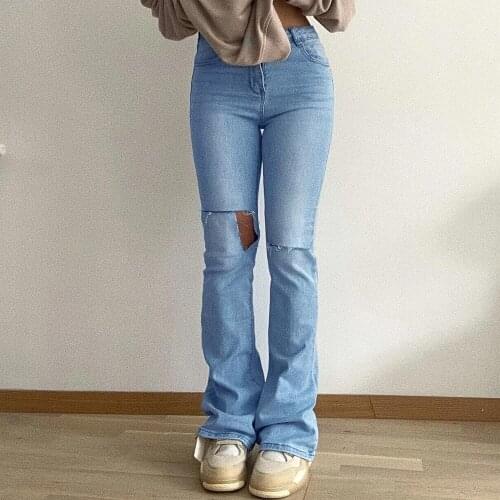 Stretch Ripped Jeans Women Broken Denim Flared Pants Boot Cut Wide Leg Knee Hole Female Torn Trousers Cowboy Bell Bottom Stylish