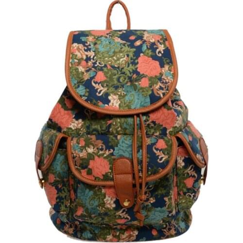 Backpack for Women Vintage Ladies Canvas Floral Pattern Shoulder Bag Female Embroidered Canvas Hasp Drawstring Backpack WZ008