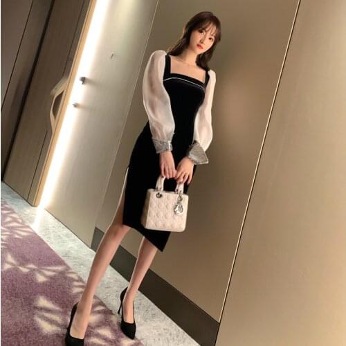 Hepburn Style Black Sundress Women Long Sleeve Square Collar Midi Tight Dress Ladies Contrast Summer Sukienki Na Wesele Damskie