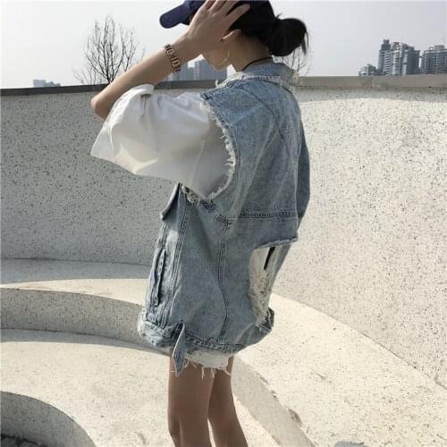 Harajuku Washed Hole Ripped Jeans Waistcoat For Women Loose Sleeveless Vest Vintage Tassels Oversize Denim Female Jacket Outwear