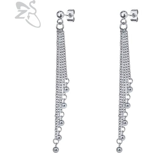 ZS Long Chain Tassel Stud Earrings 316L Stainless Steel Earring for Men Women Punk Jewelry Ear Studs Hip Hop Earring Accessories