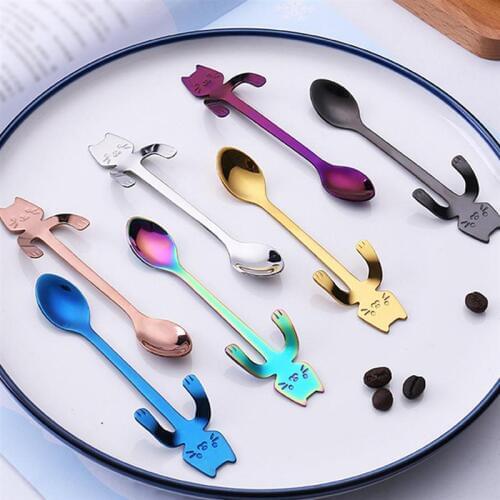 1pcs Hanging Cat Coffee Spoons Stainless Steel Tea Stirring Spoons Set Sugar Ice Cream Mug Dessert Spoon Drink Tableware