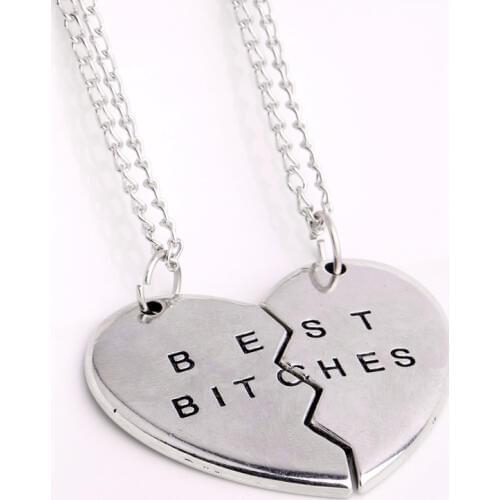 12Set/Lot Personality 2PC Broken Heart Engraved Best Bitches Pendant Necklace Women Friends Charm Chain Jewelry Collar Gifts Hot
