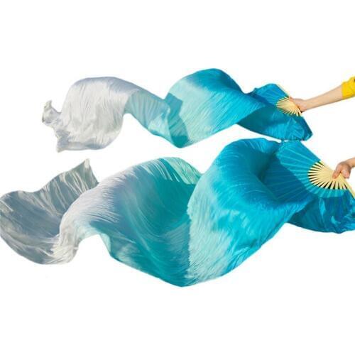 2018 High selling 100% Real Silk Veils 1 Pair handmade women Quality Silk Belly Dance Fan Dance turquoise+light turquoise+white