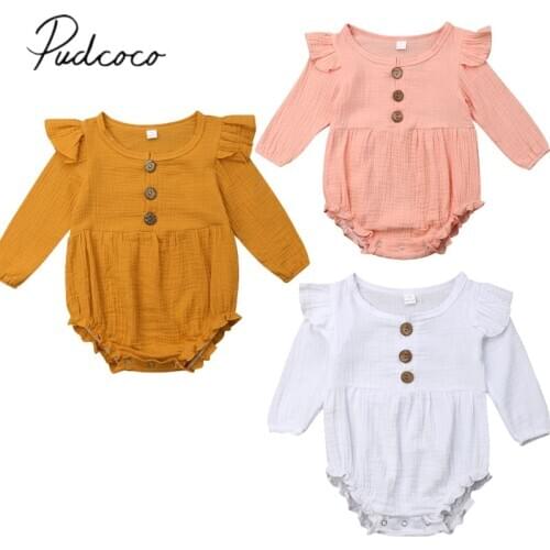 2019 Children Summer Clothing 0-24M Toddler Infant Baby Girl Boys Bodysuits Solid Long Sleeve Ruffles Jumpsuit Sunsuit Clothes