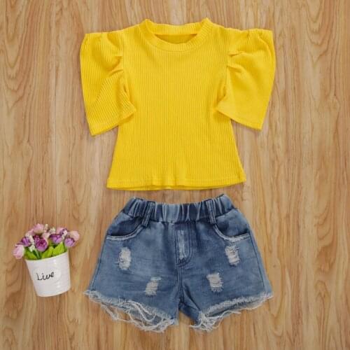 Baby Girl Short Sleeve T-shirt + Hollow Out Denim Shorts Tassel Decoration Simple Solid Color Summer Clothing