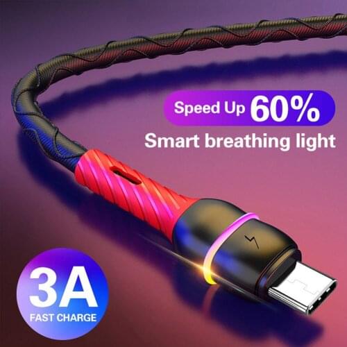 3A USB Type C Cable Led Breathing Light Type-c USB Cable Fast Charging Sync Data Cord for Xiaomi Huawei P40 Mate30 Android Phone