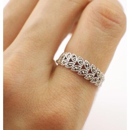 925 Sterling Silver Oxidized Retro Marcasite Stone Leaves Branch Ring Women A3013
