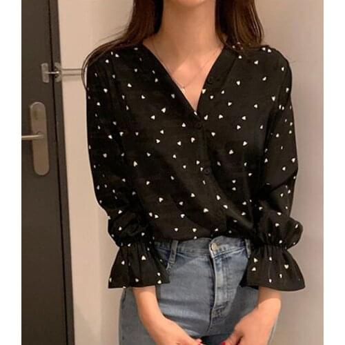 Korean Women Tops Shirts Long Lantern Sleeve Polka Dot Print V-Neck Button Tops Blouse