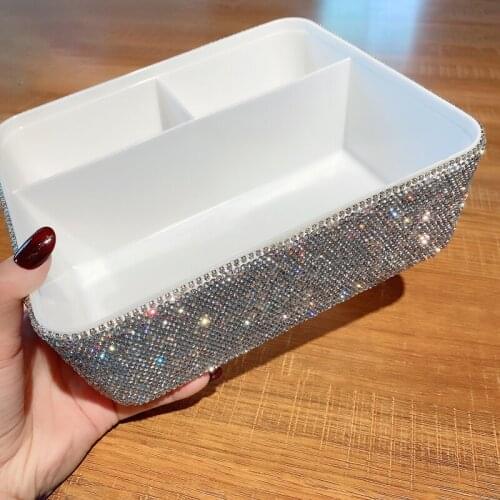 Shining Diamond Storage Box Multi Functional Makeup Organizer Living Room Snack Container Mask for Face Storage Box Women White