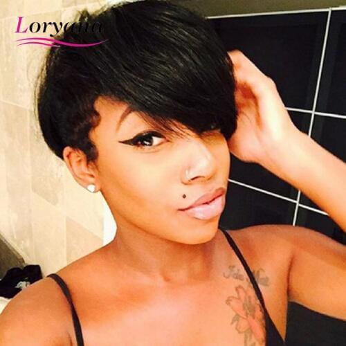 Loryana short female haircut Short bangs straight natural Black Synthetic hair wigs for women or cospaly