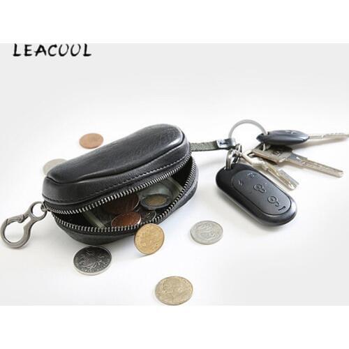 LEACOOL Genuine Leather Key Wallet Multifunction Card Holder Coin Purse Housekeeper Small Keychain Unisex Key Bag with Strap