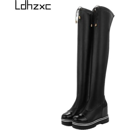 LDHZXC Size 43 Over The Knee High Boots Women Autumn Pu Leather Fashion Wedges Platform High Heel Woman Shoes Winter Hot Sale